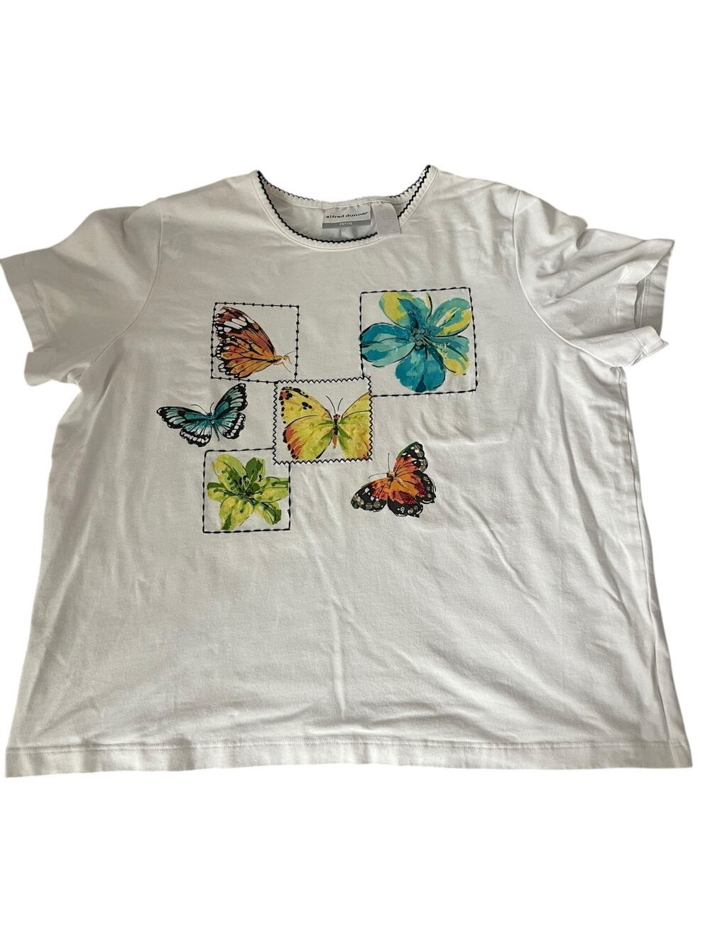 Alfred Dunner White Butterfly Print Top w/ Shoulder Pads Size LP Large Petite